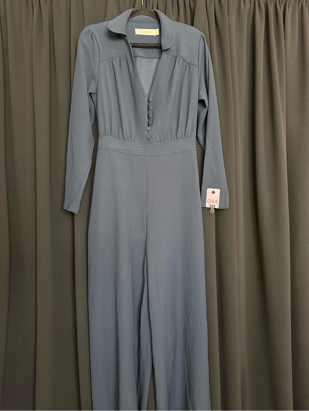 Long-Sleeve Slate Blue Jumpsuit with Covered Buttons
